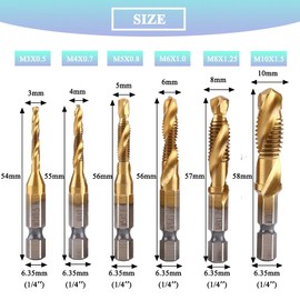 Teocpai 6pcs HSS Combination Drill and Tap Set 1/4 Inch Hex Shank Screw Tapping Bit Titanium Coated Tap Drill Bit M3 M4 M5 M6 M8 M10