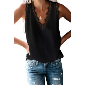 BLENCOT BLENCOT Women Lace Trim Tank Tops Summer V Neck Fashion Sleeveless Blouse Business Casual Outfits Vest Spring Shirts Black, X-Large
