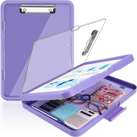 Meiikun Clipboard with Storage, Clip Boards 8.5x11 with Dual Storage, Plastic Clipboards Clear Visible Dry Erase Top Panel, High Capacity Clip Board Organizer for Work School Office (Light Purple)