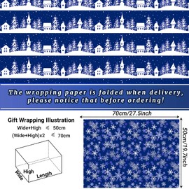 12 Sheet Blue Christmas Wrapping Paper Blue White Winter Gift Wrap Paper Bulk Snowflake Snowman Xmas Tree Folded Flat Art Paper for Christmas Winter Birthday DIY Crafts Gift Wrapping (Blue White Xmas)