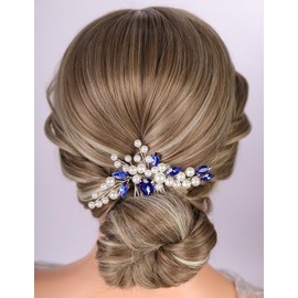 Teyglen Blue Crystal Wedding Pearl Hair Comb Elegant Pearl Crystal Hair Piece Bride Wedding Hair Comb Decorative Hair Accessories for Women Pearl Rhinestone Headpiece