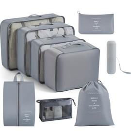 9 Set Packing Cubes for Suitcases, Aydicon Travel Luggage Packing Organizers with Laundry, Toiletry Bag, Compression Storage Shoe Bag, Toothbrush Case, Travel Essentials (Grey)