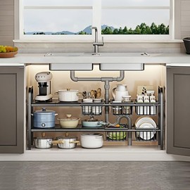 Fliqor Under Sink Organizer,16,5inch Height 2 Tier Expandable Heavy Duty Metal Shelf,with 5 Removable Panels And 5 storage basket For Under Kitchen Bathroom sink organizers and storage Black (Samll)