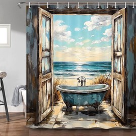 Beach Coastal Shower Curtain, Teal Ocean Sunrise Seaside Seascape Nautical Beachy Shower Curtain Set, Rustic Barn Door Seashore Fabric Shower Curtain for Bathroom 12 Hooks, 69"×70" Turquoise