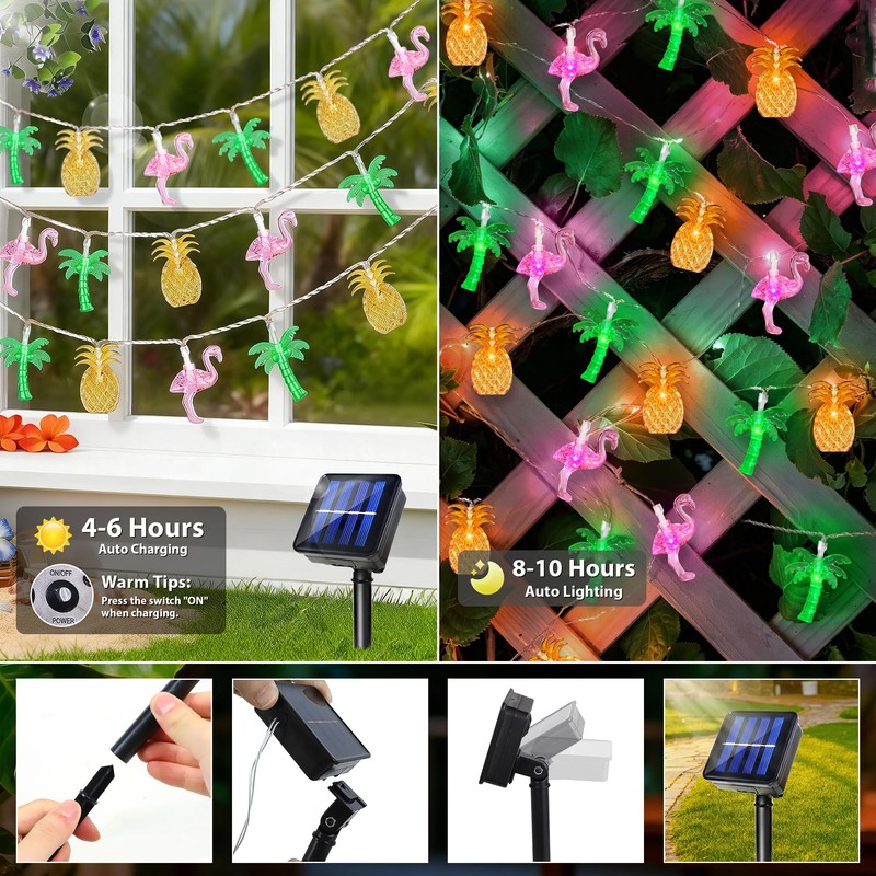 Solar Summer Hawaiian Outdoor Lights, 16Ft 40 LED Flamingo Pineapple