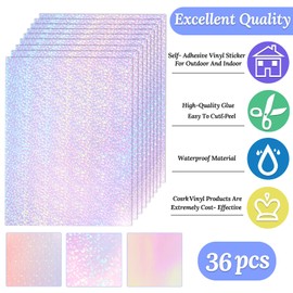 36 Sheets Holographic Sticker Paper, Transparent Holographic Vinyl Laminate Film, Clear Overlay Lamination Sticker Paper Self Adhesive Waterproof - Gem, Dot, Colorful, Star Patterns/8.5x11 inch