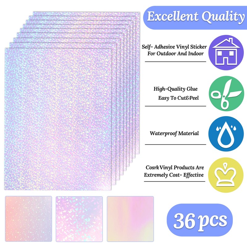 36 Sheets Holographic Sticker Paper, Transparent Holographic Vinyl Laminate Film,