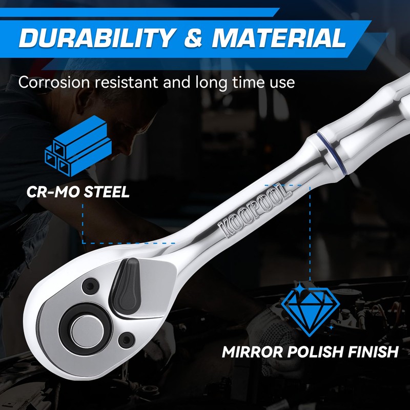 KOOPOOL 3-Piece Ratchet Set, 1/4", 3/8", 1/2" Drive Ratchet Wrench,
