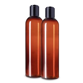 ljdeals 8 oz Amber Plastic Empty Bottles with Black Disc Top Caps, Refillable Containers for Shampoo, Lotions, Cream and More Pack of 2, BPA Free, Made in USA