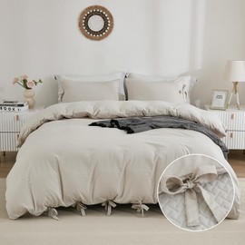 annadaif Duvet Cover King Beige (104x90 Inch), 3 Pieces (1 Duvet Cover, 2 Pillowcases) Soft Washed Microfiber Bow tie Bowknot Duvet Cover Set, Easy Care Bedding Set for Men, Women