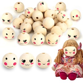 Generisch Pack of 30 Wooden Beads with Face 30 mm, 3 Styles Wooden Balls with Face Wooden Heads Wooden Beads Natural with Hole for Worry Worms, Lucky Worms, DIY Key Chain, Lucky Charm