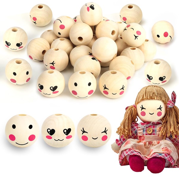 Generisch Pack of 30 Wooden Beads with Face 30 mm,