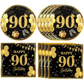 40PCS 90th Birthday Decorations for Men Black and Gold Happy 90th Birthday Decorations 90th Birthday Party Plates Napkins for Men Women Birthday Anniversary supplies Serve 20
