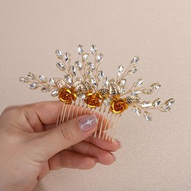 Teyglen Gold Rhinestone Headpiece Vintage Flower Wedding Hair Comb Crystal Bridal Side Comb Flower Leaf Hair Piece Hair Accessories Jewelry for Women (Gold)