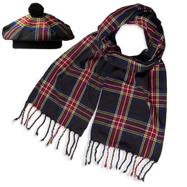 UMAM Scottish Traditional Set of Tam o' Shanter Flat Bonnet, Acrylic Wool Kilt Hat and Scarf in Many Tartans (Black Stewart)