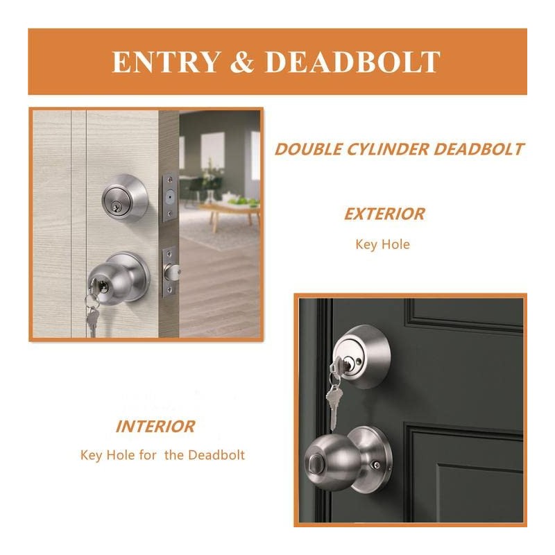 Probrico Satin Nickel Entry Door Knob and Double Cylinder Deadbolt