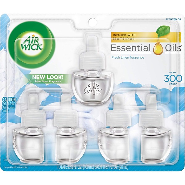 Air Wick plug in Scented Oil 5 Refills, Fresh Linen, (5x0.67oz), Same familiar smell of fresh laundry, New look, Packaging May Vary, Essential Oils, Air Freshener