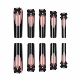 MERVF Square Press on Nails Extra Long Black French Tip Fake Nails 3D Bow Design Glue ons Squoval Acrylic Nail Supplies Art DIY Manicure Glossy 24pcs