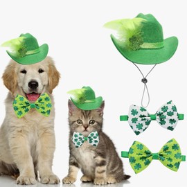 St Patrick's Day Pet Hat 2 Pcs St Patrick's Day Dog Bow Ties Dog Hat Irish St Patrick's Day Green Clover Feather Cat Cap Adjustable Shamrock Pet Bow Ties Accessories for Most Pets Party Supplies