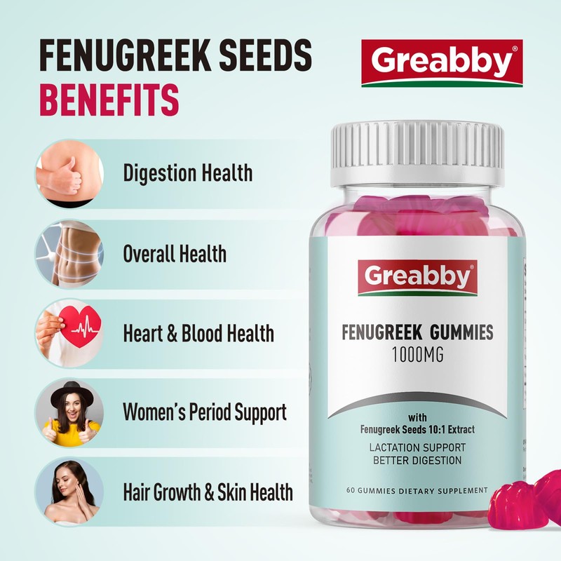 GREABBY Fenugreek Gummies 1000mg, Pure Organic Fenugreek Seeds Supplement for