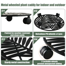 3 Packs Large Metal Plant Caddy with Wheels 13" Rolling Plant Stands Heavy-duty Wrought Iron Roller Planter Movers Indoor Outdoor Wheeled Plant Dolly with Casters Tray Coaster, Slender leaves