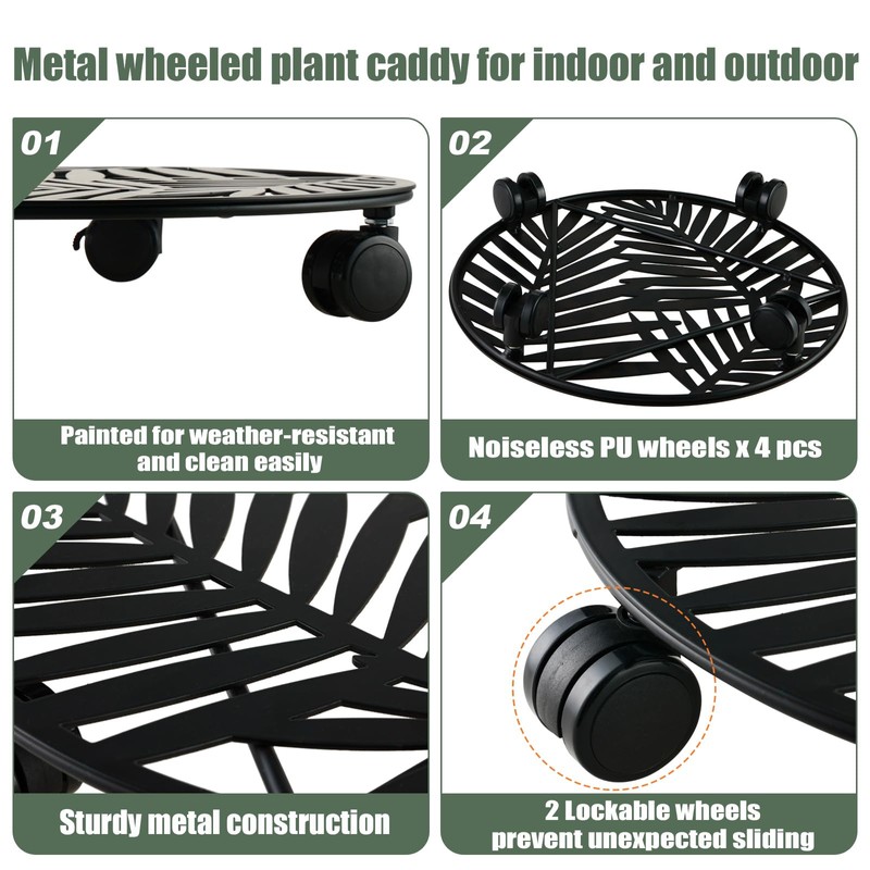 3 Packs Large Metal Plant Caddy with Wheels 13" Rolling