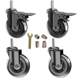 MALLLALA 3" Caster Wheels,Heavy Dudy Swivel Casters Set of 4 (2 with Matel Brake,2 No Brake) 3/8"-16x1"Threaded Stem Casters,No Noise Rubber Wheel Industrial Castor Replacement for Furniture,Cart