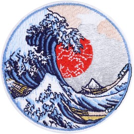 Great Wave of Kanagawa Sew on Patch - Nature Disasters Iron on Patches for Japanese - Cultural Change in Japan Designer Patches for Jackets, Jeans, Backpacks, Hats, Shirts - 3.14X3.14 in