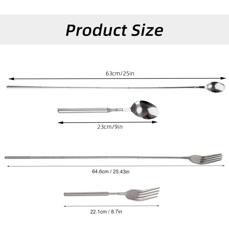 2 Piece Telescopic Fork Spoon Set, Extendable Fork, Long Telescopic