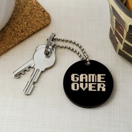 Game Over Gamer Pixel Font Geek Wood Wooden Round Keychain Key Chain Ring