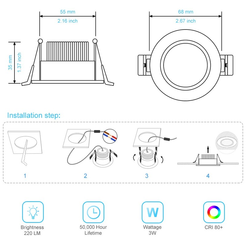 2 Inch LED Downlight, 3W Recessed Lighting Dimmable Ceiling Light