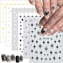 6 Sheets Glitter Shiny Star Nail Stickers 3D Self-Adhesive Star Nail Supplies Rhinestones Stars Nail Art Stickers Black Silver White Gold Star Nail Decals for Women Girl DIY Nail Art Design