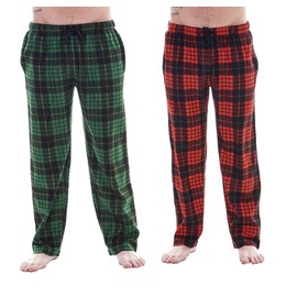 Keanu Mens Pack of 2 Lounge Pants | Check/Tartan/Animal Designs | Soft Fleece Sleep/Lounge Wear | Mens Sizes S - 2XL (Red/Green Tartan - L)