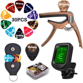 Histacy Guitar Accessories Kit: Clip On Guitar Tuner, 3 in 1 Guitar Capo, 30 Guitar Picks, Pick Holder, Leather Plectrum Pouch Keyring & Storage Case for Acoustic Electric Guitar, Bass, Ukulele