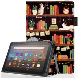 Pudiceva Universal 7 8 Inch Android Tablet Case,Slim Folding Stand Cover for All 7"-8.5" Touchscreen Tablet Case with Stylus Pen Holder,Bookshelf Cat
