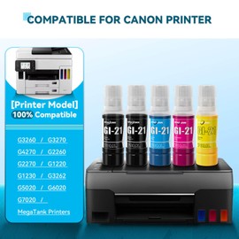 GI-21 G3270 Ink Refill Bottles Compatible for Canon G3270 G3260 G3290 G4270 G2260 G2270 G1220 G1230 G3262 MegaTank Printer, for Canon 21 GI21 Ink Bottles 5 Pack (2PGBk CMY)