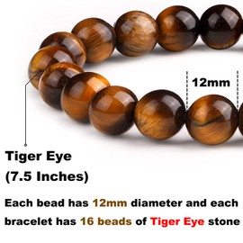 HAAMIIQII 12mm Natural Yellow Tiger Eye Bracelet Round Gemstone Beaded Stretch Bracelet Elastic Yoga Chakra Healing Energy Unisex Men Women Stretch Bracelet (7.5 Inches)