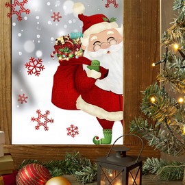 GGBOY Merry Christmas Window Clings, Double-Sided Christmas Santa Claus Snowflake Window Clings, Xmas Christmas Window Stickers Decals, Winter Holiday Window Clings for Glass Windows Decorations