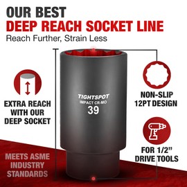 TIGHTSPOT 1/2 Inch Drive - 39 mm Deep Impact Socket with Anti-Rounding 12 Point Design, Heat-Treated CRMO Steel, Metric