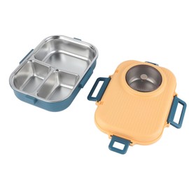 Lunch Box, Thermal Lunch Box 1100ml Double Layer 3 Grid Design 304 Stainless Steel Box with Chopsticks Spoon Soup Bowl for Kids Students Adults