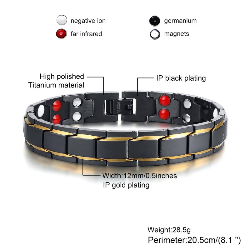 Rockyu Titanium Material, Men's Magnetic Bracelet, IP Gold Plating, Black