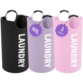 IHOMAGIC 3Pack Folding Clothes Hamper with Handles, 95L Tall Laundry Basket Organizer, Durable Laundry Bags, Large Dirty Clothes Hamper for Family, Travelling, Camping, Purple + Pink + Black
