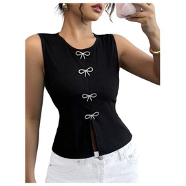 RoseSeek Women's Bowknot Rhinestone Tank Top Ribbed Knit Split Front Fitted Elegant Sleeveless Tops Black Large
