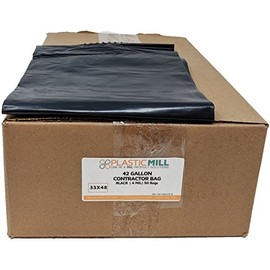 PlasticMill 42 Gallon Contractor Bags: Black, 4 MIL, 33x48, 50 Bags.