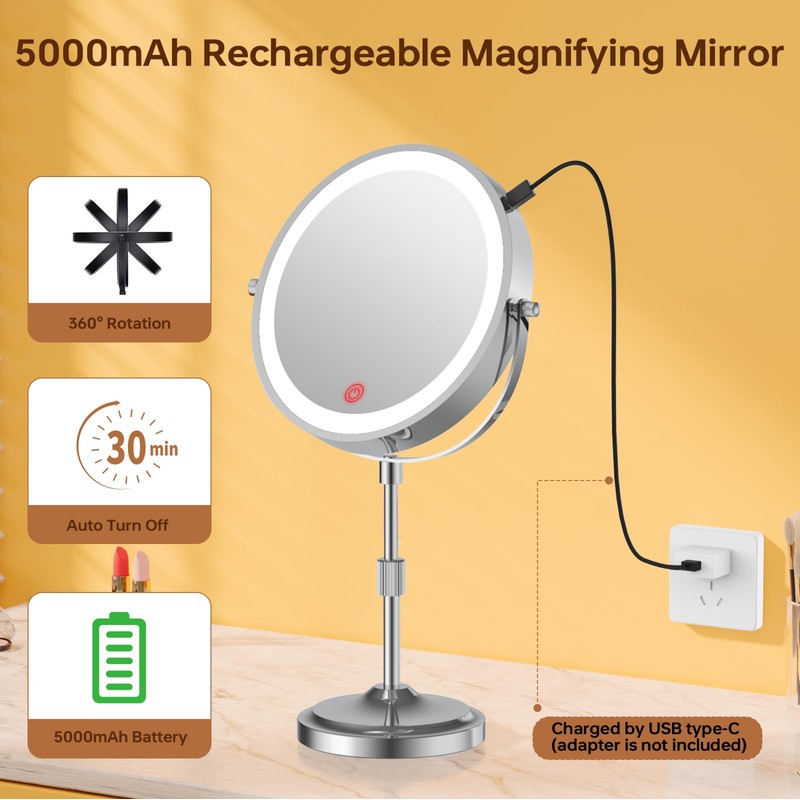 Erlingeryi 9" Magnifying Mirror with Lights 20X, Height Adjustable, Dimmable,