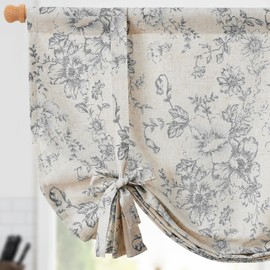 jinchan Tie Up Shade Valance Curtain Linen Floral for Kitchen Window Living Room Cafe Farmhouse Light Filtering Rustic French Retro Country Curtain Over Sink 45 Inch 1 Panel Grey on Beige