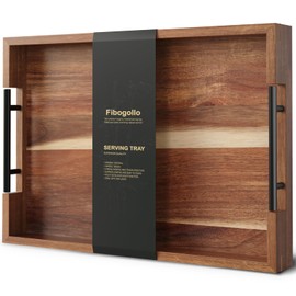Fibogollo Acacia Wood Serving Tray with Metal Handles,17x12in Ottoman Decorative Trays Platter for Coffee Table,Living Room,Bar,Party(Large)
