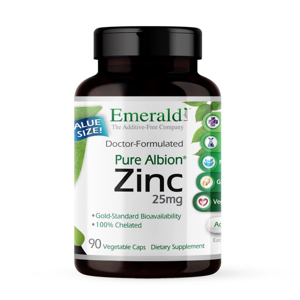 Emerald Labs Zinc 25 mg - Dietary Supplement as Albion Bisglycinate Chelate with Gold Standard Bioavailability for Immune, Cell Function, and Digestive Support - 90 Vegetable Capsules