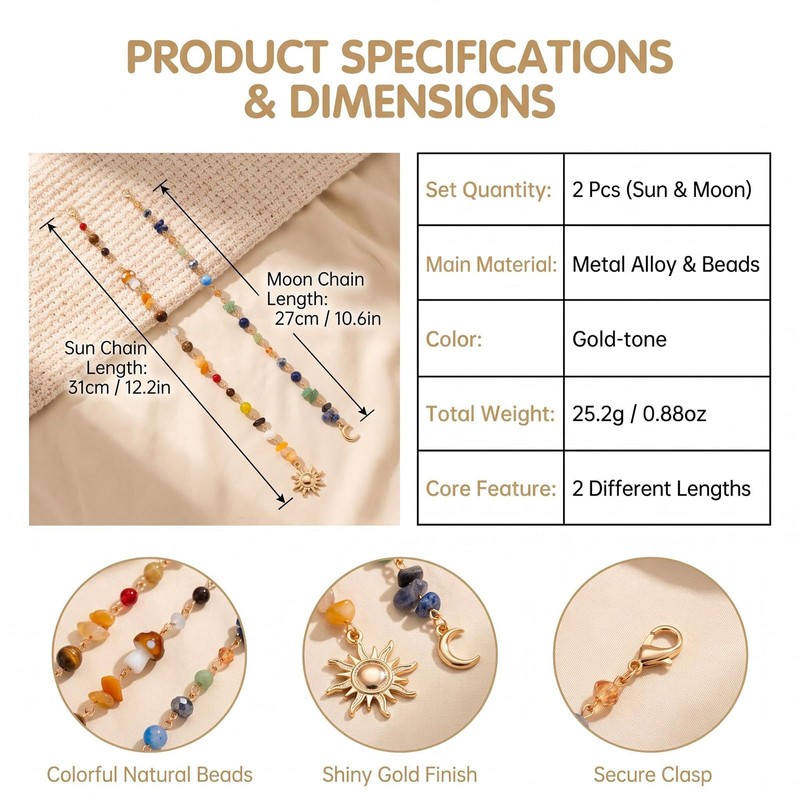 2 Pcs Bohemian Hair Chain with Colorful Beads & Sun