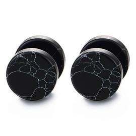 2pcs 10MM Black Marble Stud Earrings Men Women, Steel Cheater Fake Ear Plugs Gauges Illusion Tunnel
